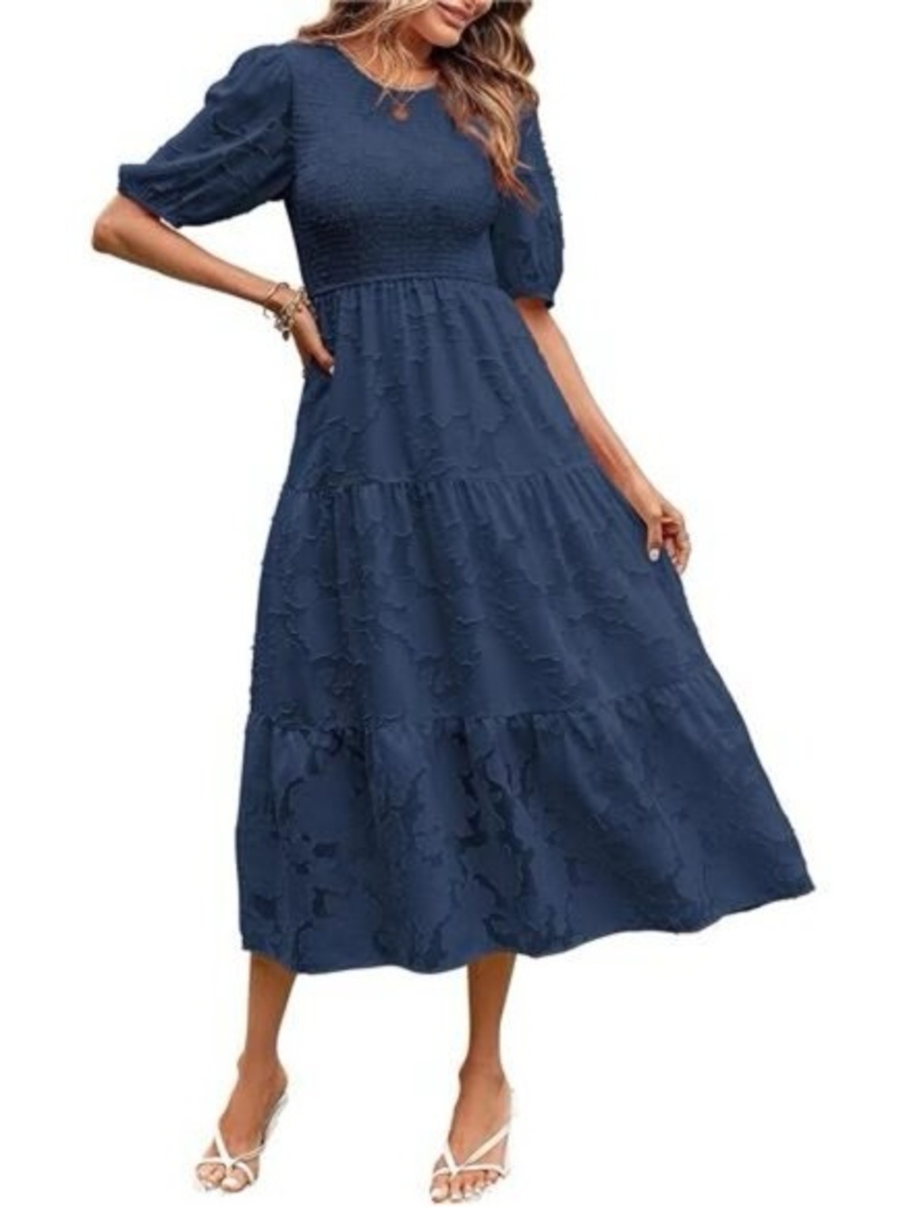 Women’s Navy Puff-Sleeve Tiered Maxi Dress